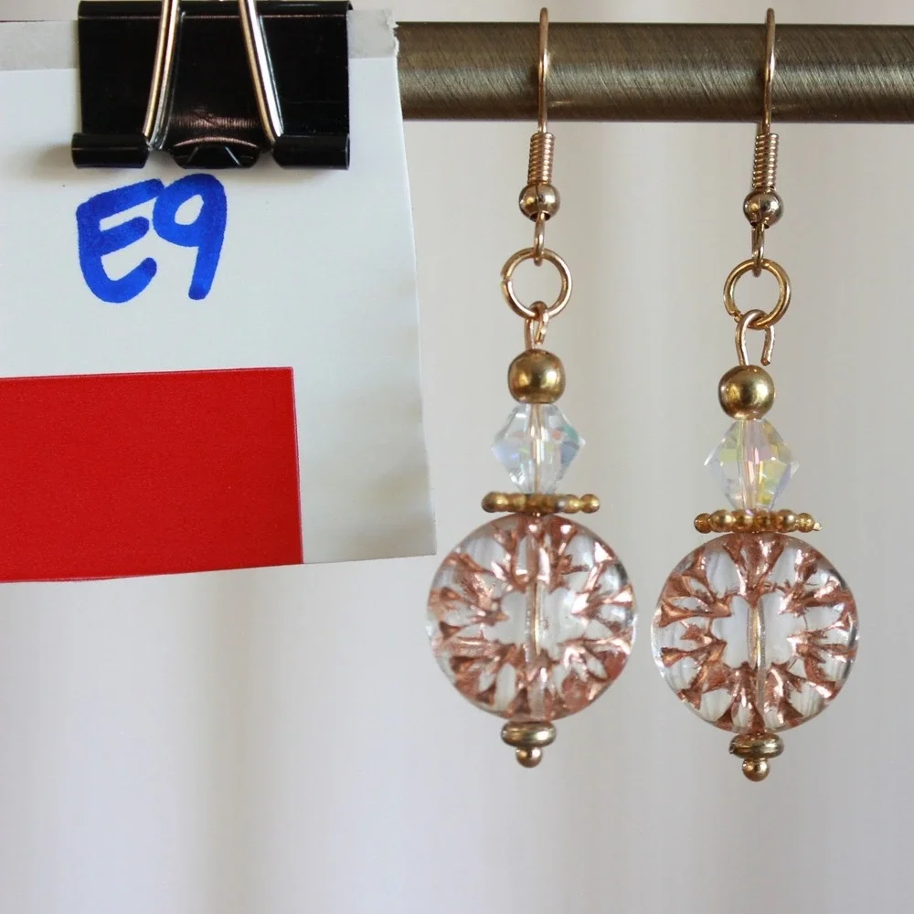 Handmade‎ Rose Gold Filigree Glass Drop Earrings Iridescent Crystal Dangles E9